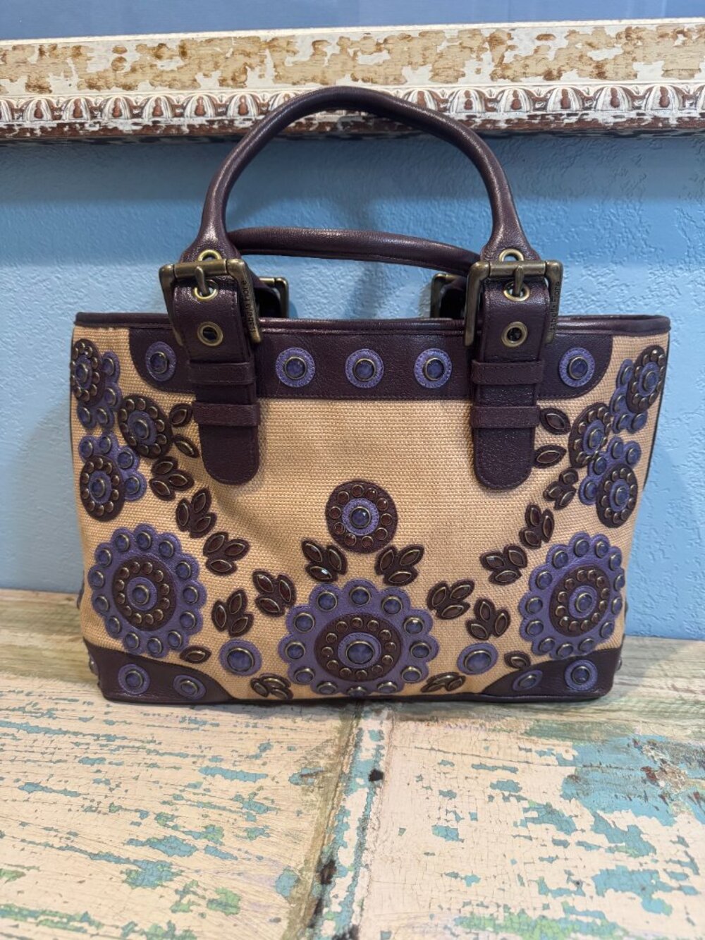EUC ISABELLA FIORE 'SET IN STONE" TREATED CANVAS/LEATHER TRIM BAG